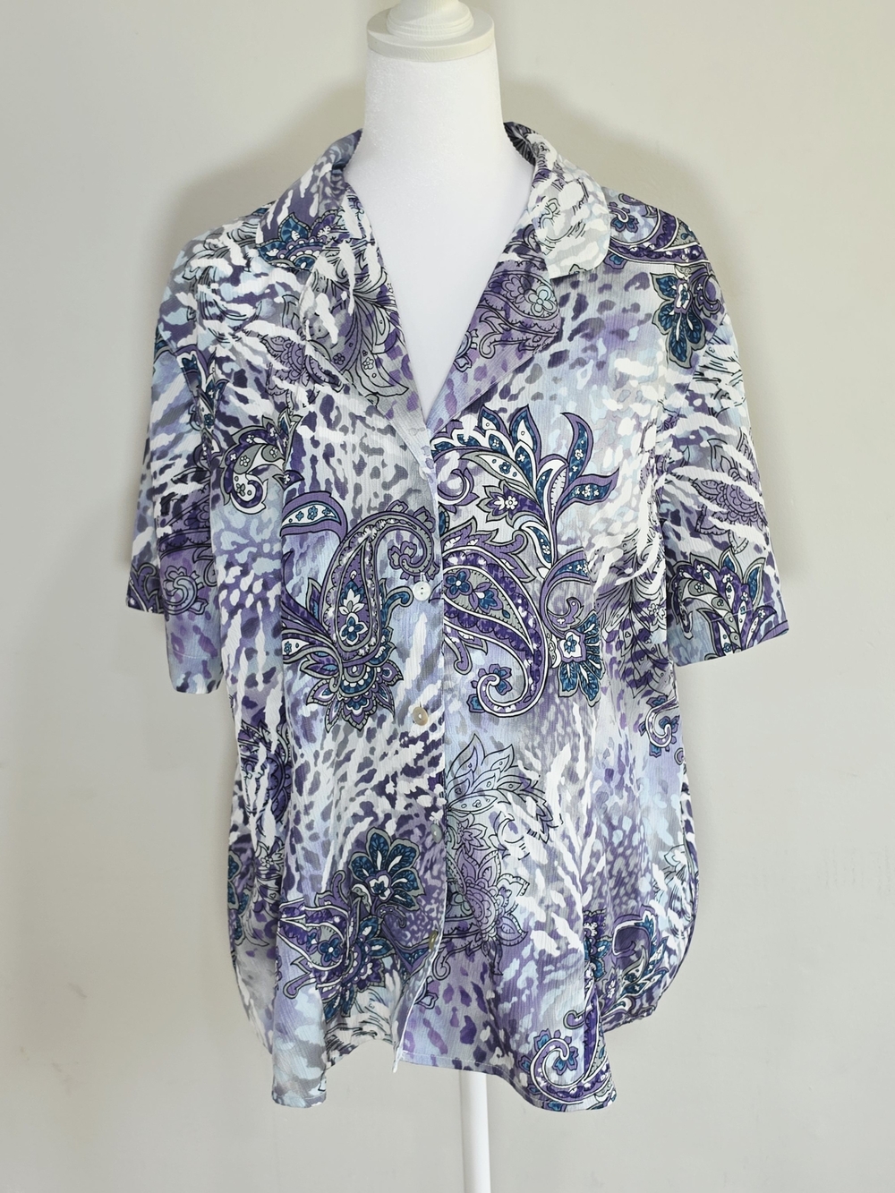Alfred Dunner Purple, Teal and White Paisley Button-Down Blouse